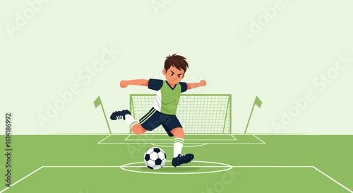 Cartoon Soccer Player Kicking the Ball with Passion on the Field Game