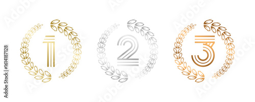 Award Winner Set Vector Illustration. Figures 1, 2, 3 In A Realistic Gold Silver Bronze with Laurel Wreath . Competition Game Concept. Isolated on white