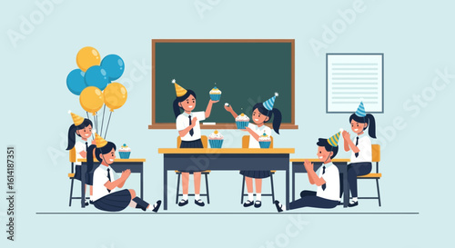 Celebration In The Classroom Young Students Enjoy A Festive Party With Cupcakes