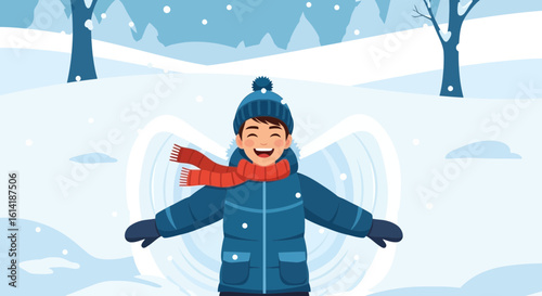 Boy Enjoying Winter Season Creating Snow Angel In Snowy Landscape Scene
