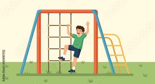 Cheerful Boy Climbing on Play Structure at Park Having Active Leisure Time