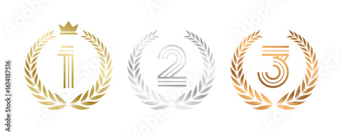 Award Winner Set Vector Illustration. Figures 1, 2, 3 In A Realistic Gold Silver Bronze with Laurel Wreath . Competition Game Concept. Isolated on white