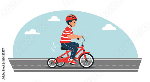 Cheerful Boy Riding Red Tricycle Outdoors Along the Road With Helmet On Head