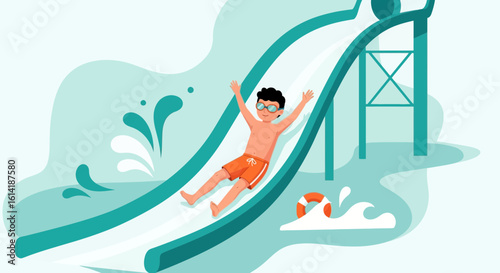 Boy Enjoys Summer Fun Sliding Down Water Slide At Waterpark Resort