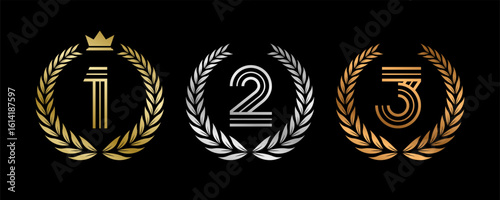 Award Winner Set Vector Illustration. Figures 1, 2, 3 In A Realistic Gold Silver Bronze with Laurel Wreath . Competition Game Concept. Isolated on black