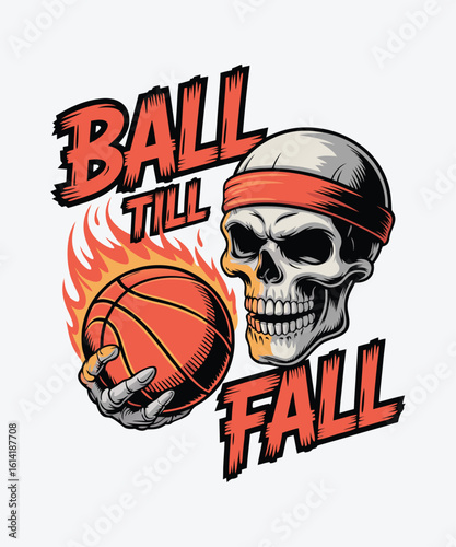 A skull holding a basketball, symbolizing the determination to play until the final shot
