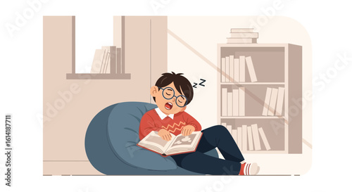 Boy Fell Asleep Reading Book In A Comfortable Chair At Home Concept