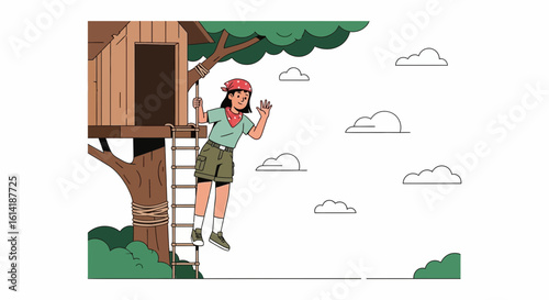 Cheerful Girl Waving From Treehouse Ladder On Sunny Day Adventure