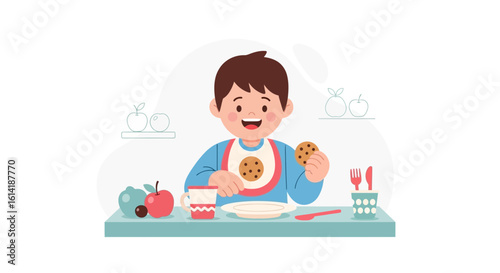 Cheerful Little Boy Enjoying a Cookie Snack Time with Fruit and Beverage