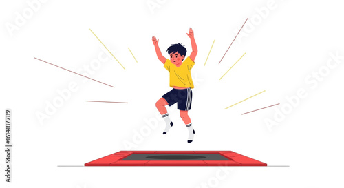 Boy Having Fun Jumping On The Trampoline With Energetic Movement