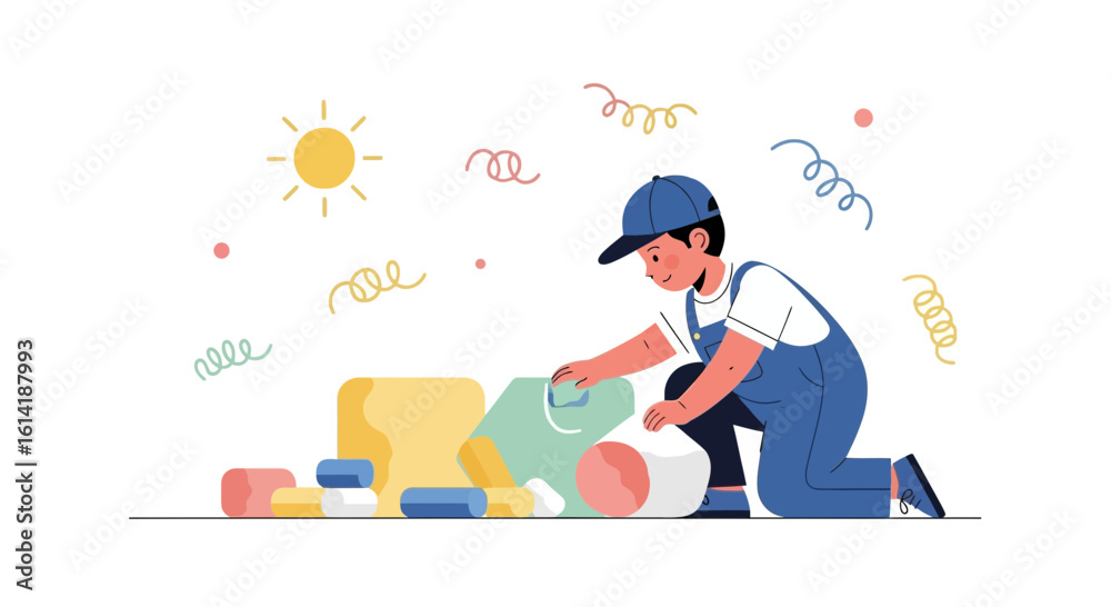 Fototapeta premium Boy In Overalls Arranging Or Cleaning Toys With Abstract Elements Design