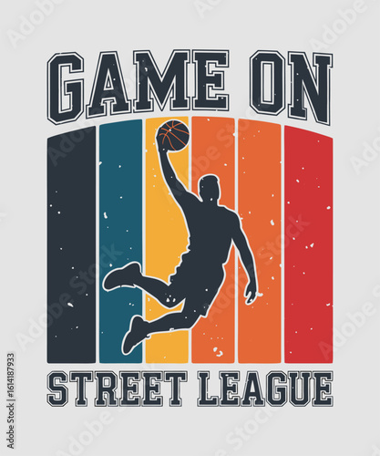 Retro Graphic Design of a Basketball Player in Action at a Street League Game