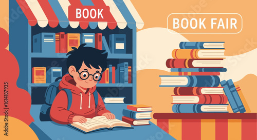 Boy In Bookshop Reading At The Counter In Front Of A Bookshelf