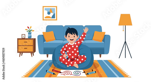 Cheerful Young Boy Drawing At Home In Comfortable Living Room Scene