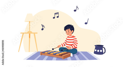 Child Is Enjoying The Music While Playing The Xylophone Instrument At Home