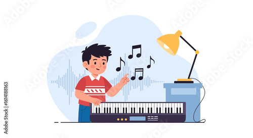 Boy Is Playing On A Musical Keyboard With Notes In The Air