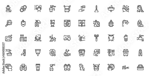 Hygiene Routine icon set. Minimal vector icons pack. Includes mouthwash, sanitary towel, dusting, brushing, towel, hand sanitizer, plunger, sink, bathtub, vacuum cleaner and more. Editable stroke.