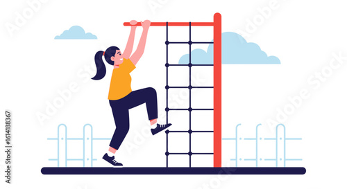 Climbing Fun Woman On Rope Ladder During Summer Outdoor Activity