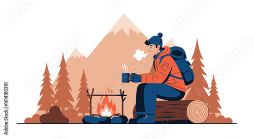 Cold Morning In Nature, Traveler With Backpack Warming Up By The Campfire