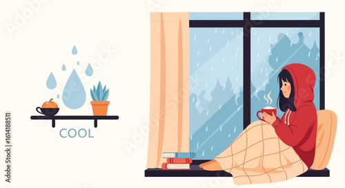 Comfortable Woman Enjoys Hot Beverage While Watching Rain Outside The Window