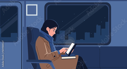Commuting Woman Using Tablet On Train During Evening City Travel