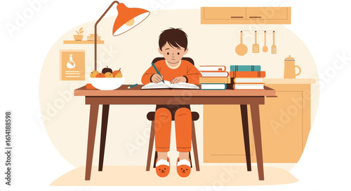 Concentrated Student Is Studying At His Desk With Books And A Lamp