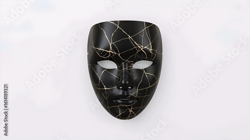 Kintsugi Style Black Face Mask with Gold Cracks Isolated on White Background – Elegant Luxury Art Object for Fashion and Interior Decor

