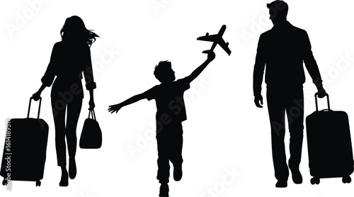 Silhouette of happy traveling family with child playing airplane, parents carrying luggage, vacation trip, travel journey concept background
