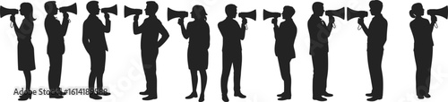 Silhouettes of business people shouting through megaphones, communication concept, public speaking, protest, teamwork, marketing, announcement, message delivery, voice power
