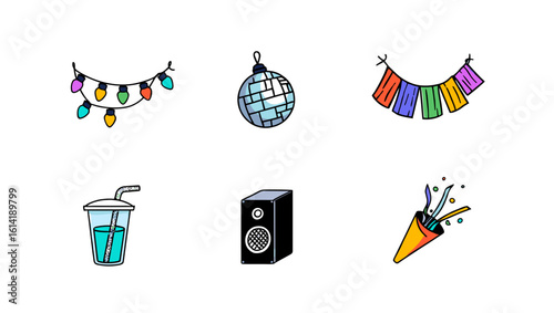 Party Icons: Disco Ball, Lights, Drink, Speaker, Confetti