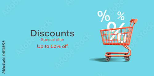 Realistic shopping cart with percent signs, 3D. Blue banner for discount concepts, and special offers on goods and products. Vector illustration.