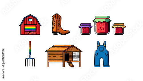 Farm Icons: Barn, Cowboy Boot, Jars, Pitchfork, Chicken Coop, Overalls