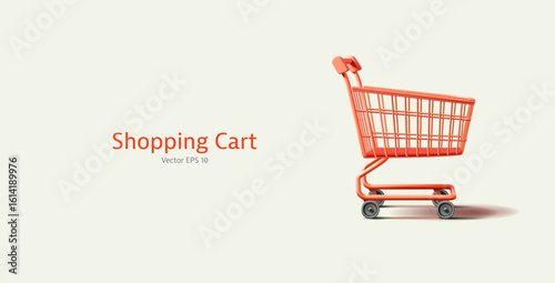 Empty 3D shopping cart. Realistic image for product and goods advertising concepts, shopping in hypermarkets, supermarkets, stores. Vector illustration.