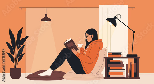 Cozy Afternoon Reading A Book With Warm Drink Indoors Illustration