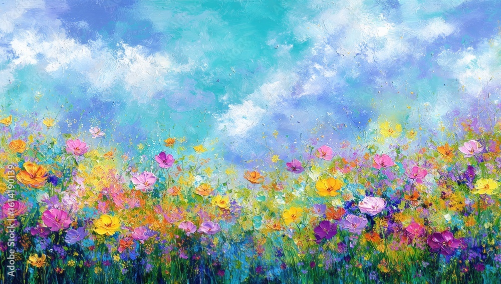 Vibrant wildflowers bloom under a sunny sky, peaceful meadow scene, ideal for home decor Vibrant wildflowers bloom under a sunny sky, peaceful meadow scene, ideal for home decor