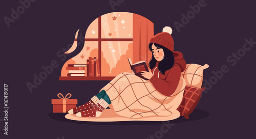 Cozy Evening Indoor Scene With Girl Reading Near Window and Starry Night