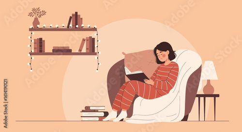 Cozy Evening Reading A Book In Comfortable Armchair At Home Illustration