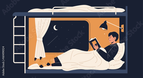 Cozy Evening Reading In Bunk Bed Under Night Sky With Stars And Moon