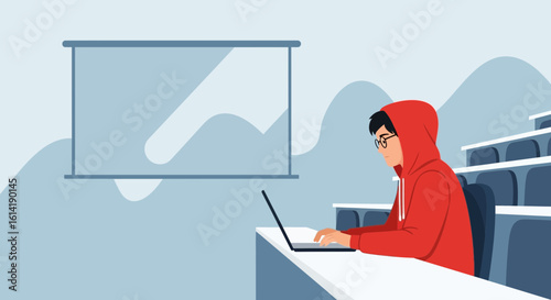 Focused Student Attending Online Lectures with Laptop in University Hall