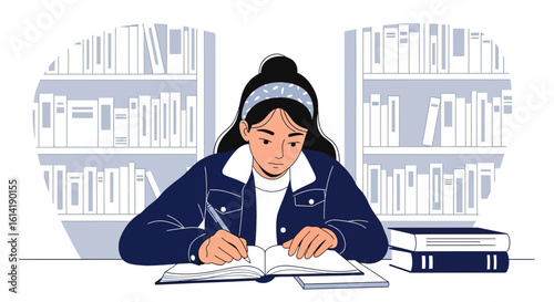 Focused Student Absorbing Knowledge And Writing In Library On College Campus