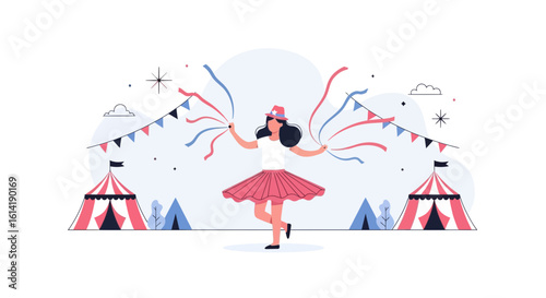 Delightful Carnival Celebration With Dancing Girl And Colorful Decoration Elements