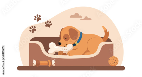 Delightful Dreamland Puppy Resting Peacefully With Toy Bone In A Cozy Dog Bed