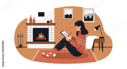Cozy Indoor Scene Young Woman Sketching By Fireplace In Cabin Retreat