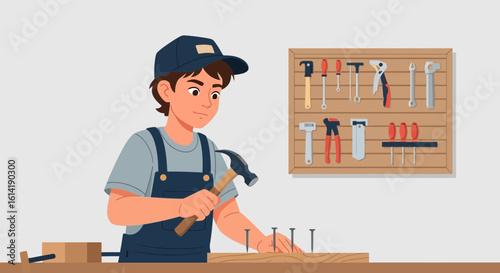 Diligent Craftsman Nailing Wood Piece In Workshop With Tools On Wall
