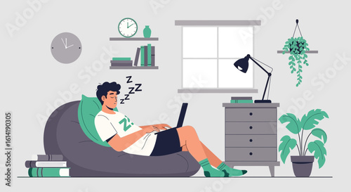 Digital Nomad Taking A Nap While Working From Home With Laptop