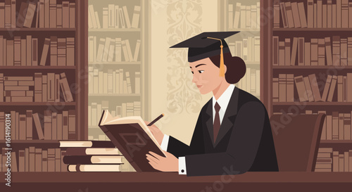 Diligent Graduate Student Studying In University Library Surrounded By Books