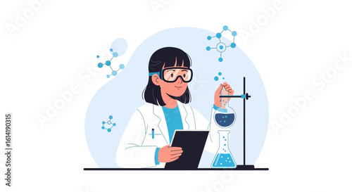 Diligent Scientist Examining Erlenmeyer Flask And Taking Notes In A Lab