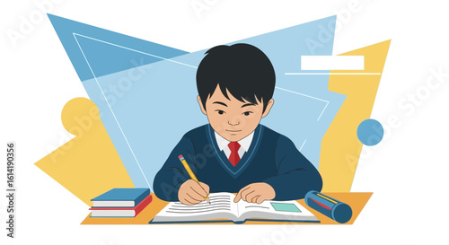 Diligent Student In Uniform Attentively Completes Homework Assignment at Desk