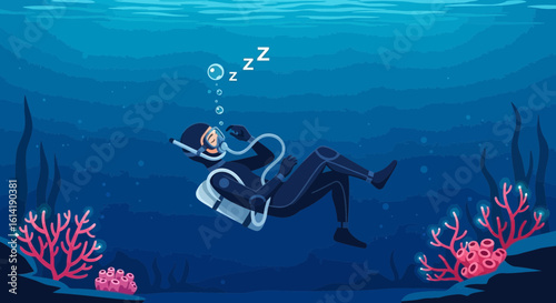 Diver Sleeping Underwater Between Beautiful Corals In A Peaceful Ocean