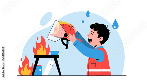 Distressed Boy Holding His Melted Toy Near A Burning Table Illustration